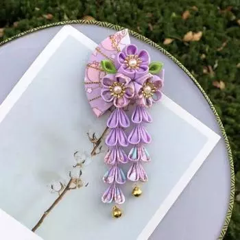 Заколка для волос в стиле веера с цветами, колокольчиками, искусственным жемчугом, украшением в виде японского кимоно, старинное светло-фиолетовый