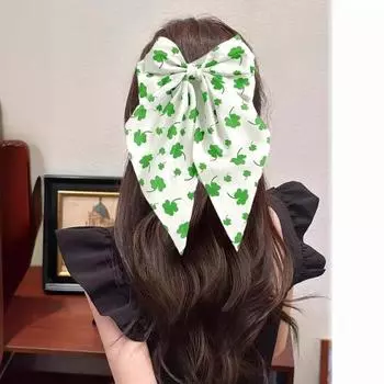 Заколка для волос Yousheng Green Bowknot Ribbon с узором в виде четырехлистного клевера, пружинная заколка для затылка, заколка для волос в милом стиле 6