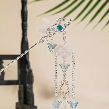 Заколка-палочка для волос с кисточкой в форме луны, китайские аксессуары для волос ханьфу, синяя заколка для волос с цветком, ретро, для девочек, для прически пучок, украшения для ципао