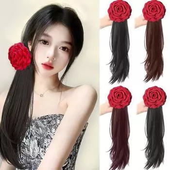 Заколка с когтями в виде розы в наращивании хвоста Синтетическая заколка с когтями Наращивание волос с конским хвостом Длинные вьющиеся волосы Конский хвост для W