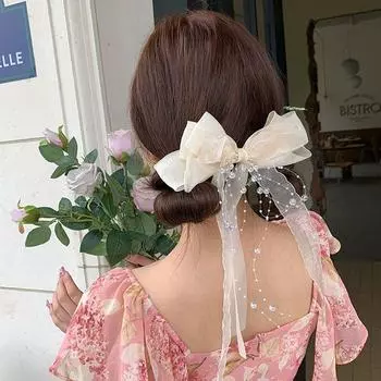 Заколки для волос с бантом и сеткой, жемчугом, пружинная заколка большого размера, праздничная заколка бежевый