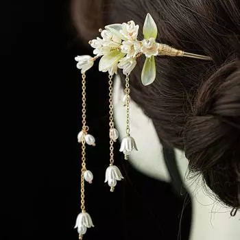 Заколки для волос с бусинами для девочек, женские заколки-кисточки Hanfu, палочки для волос в виде цветка магнолии, китайская вилка для волос белый