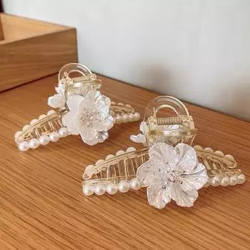 Заколки для волос с цветочным жемчугом Когти Корейский зажим Элегантная прическа Акула Заколки для волос Головные уборы Девушки Женщины Модные аксессуары для волос оптом белый
