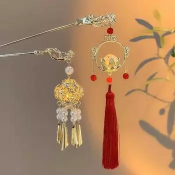 Заколки для волос с китайским фонариком, заколки для волос, палочки для волос, аксессуары для волос со светодиодной подсветкой для женщин и детей, головные уборы с кисточками в стиле ретро с цветком лотоса