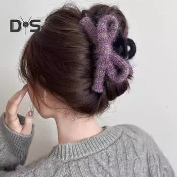 Заколки-крабы для женщин, зажим-краб для укладки волос с вязаным бантом, женская нескользящая заколка для вьющихся волнистых прямых волос для ежедневного использования A