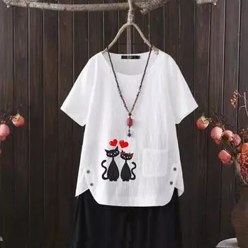 Законодатель моды среди подростков: Футболка из хлопка Euro-US с милым летним принтом Gen-Z S белый