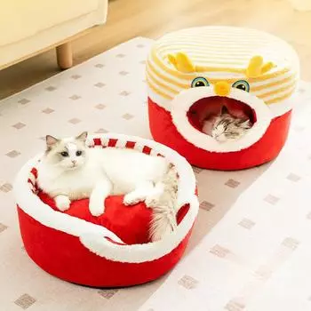 Закрытое кошачье гнездо, кошачий новогодний танец, дракон, табурет-гнездо, осенне-зимнее теплое собачье гнездо, юрта, ветрозащитное гнездо для домашних животных S30*30*25cm
