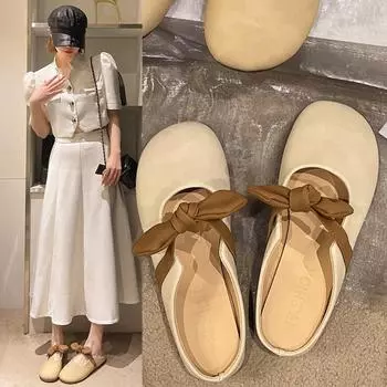 Закрытые носки женские 2024 корейский стиль модные женские тапочки с круглым носком элегантные летние повседневные тапочки с бантом
