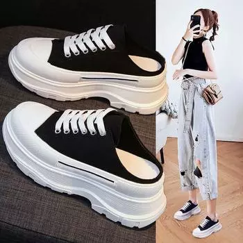 Закрытые полутапочки женская верхняя одежда осень новые ленивые толстые подошвы увеличенные маффин парусиновые туфли 35 чёрный