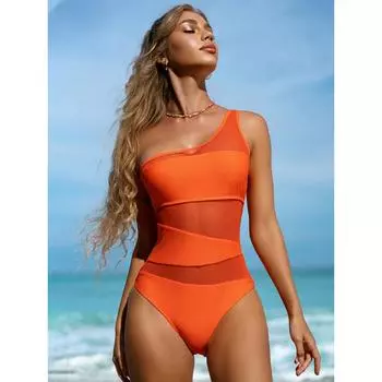 Закрытый сексуальный сетчатый лоскутный цельный купальник на одно плечо, женский купальник, новый низкий женский купальник с высоким вырезом, бикини с эффектом пуш-ап S