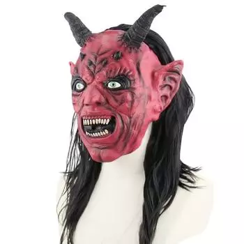 Замечания Японская маска Они Реалистичная маска для маскировки Настоящая маска Они Красная Они Они Длинные волосы Парик в комплекте Один размер подходит большинству Маска Головной убор Косплей
