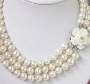 Замечательное большое ожерелье из 3-х нитей белого жемчуга диаметром 8 мм