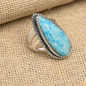 Замечательное ювелирное кольцо ручной работы из стерлингового серебра 925 пробы с драгоценным камнем Ларимар 4 синий