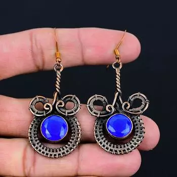 Замечательные серьги ручной работы из чистой медной проволоки с синим халцедоном, ювелирные изделия 2.56 Inches синий