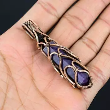 Замечательный лепидолит, драгоценный камень, кулон ручной работы из чистой медной проволоки, свадебные украшения, подвеска 2.56 Inches синий