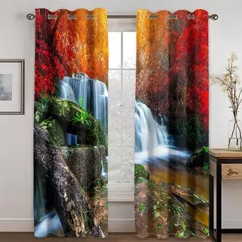 Замечательный пейзаж Водопад 3D цифровая печать занавеска гостиная спальня 90г полиэстер волокно ткань для штор две панели W50xH130(CM)x2pcs&Hook красный