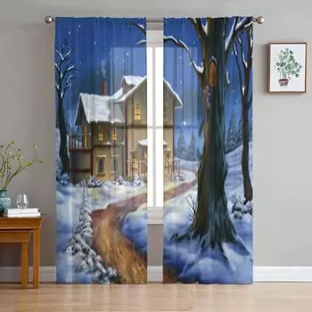 Замечательный рождественский пейзаж, Тюлевая оконная занавеска для гостиной, спальни, вуаль, прозрачные шторы, кухонные шторы, занавески 135W x 114H(cm)