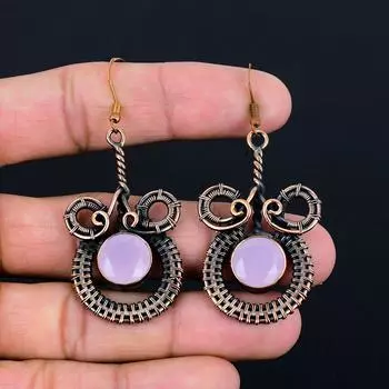 Замечательный розовый халцедон, драгоценный камень, серьги ручной работы из чистой медной проволоки, ювелирные изделия 2.56 Inches розовый