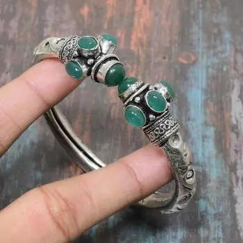 Замечательный зеленый оникс, драгоценный камень, твердый браслет-манжета ручной работы из стерлингового серебра 925 пробы, регулируемый Adjustable зелёный