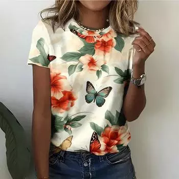 Заметная женская футболка с изображением цветка и бабочки, повседневная, модная, удобная, цвета слоновой кости, с коротким рукавом S