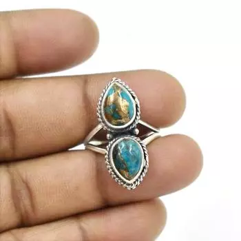 Заметное кольцо из синего медного камня с бирюзой и грушей, кольцо в стиле бохо из стерлингового серебра 925 пробы, ювелирные изделия ручной работы, кольцо для женщин, рождественский подарок 6