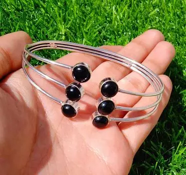 Заметные браслеты ручной работы с черным ониксом из стерлингового серебра 925 пробы с покрытием 7-8 чёрный