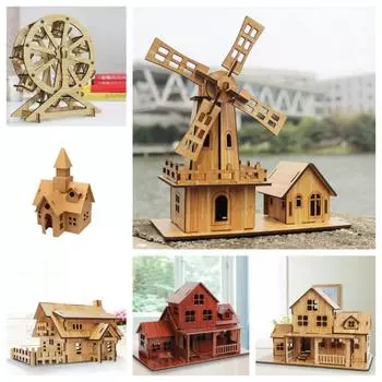 Замок 3D деревянная головоломка Вилла Дом Бамбук DIY Модель колеса обозрения Монтессори Детский сад