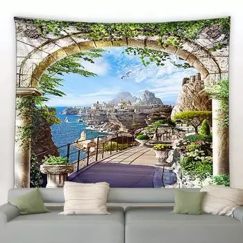 Замок Бохо Принт Спальня Украшение Одеяло Арочные Каменные Ворота Башня Большой Гобелен Настенный Подвесной 150x100cm