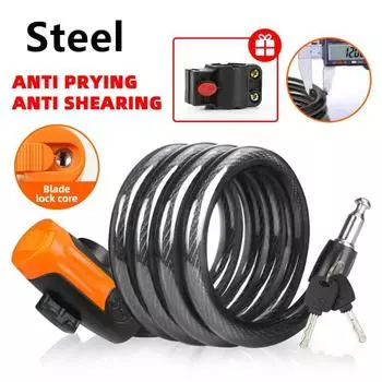 Замок для велосипеда, стальной тросовый замок, фиксированный, спиральный, безопасный, противоугонный, всепогодный, с монтажным кронштейном, портативный ключ для горного велосипеда для скутера