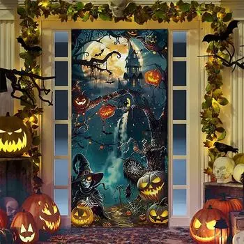 Замок Скелет Тыква Хэллоуин дверь украшение вешалка наклейка гобелен декор фон ткань Хэллоуин баннер 90x200 cm