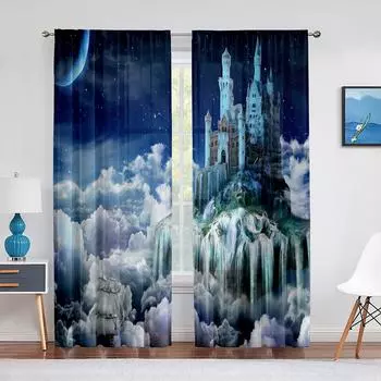 Замок в небе, фантазийный пейзаж, Тюлевая занавеска-вуаль для гостиной, спальни, кухни, шифоновый прозрачный декор для окон, украшения 1 PCS W100XH250cm&Rod Pocket