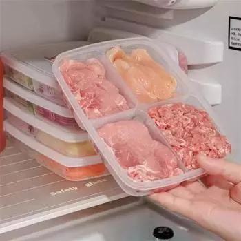 Замороженное мясо с лентой для хранения в холодильнике. Коробка для свежего мяса, лука, имбиря, чеснока. Коробка для овощей.