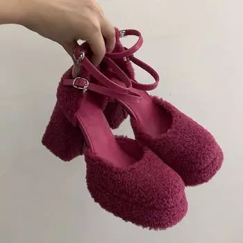 Замша Мэри Джейн с Женскими весенними новыми маленькими модными универсальными туфлями на толстом каблуке, увеличивающими рост 35 розы красного