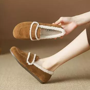 Замшевая кожа, мех ягненка, женские туфли на плоской подошве с круглым носком, хлопковая подкладка, зимние туфли, большие размеры 34-43, мокасины с мехом, женские мокасины без застежек 4.5 коричневый