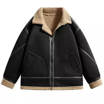 Замшевая куртка для мужчин, осенне-зимняя теплая хлопковая куртка с добавлением шерсти, хлопковое пальто, куртка из овечьей шерсти XXXL чёрный