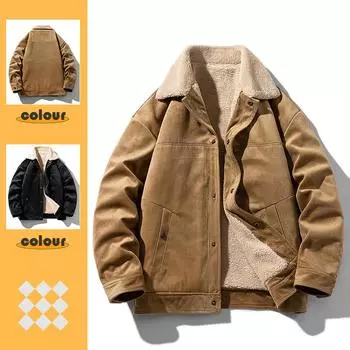 Замшевая куртка, мужская зимняя хлопковая куртка с лацканами, утолщенная и бархатная свободная повседневная хлопковая куртка M чёрный