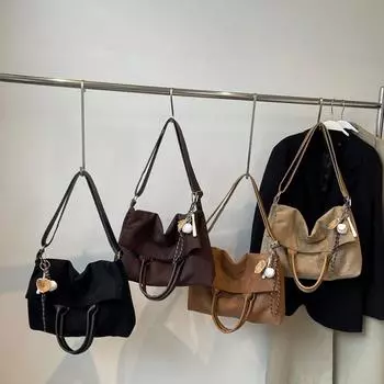 Замшевая однотонная сумка-тоут с пряжкой, большая вместимость, универсальная модная сумка через плечо, мягкая модная простая женская сумка 37x11x25cm хаки