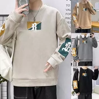 Замшевая плотная толстовка мужская вышитая круглая горловина свитер весна и осень новая американская модная свободная куртка с длинными рукавами для мужчин M