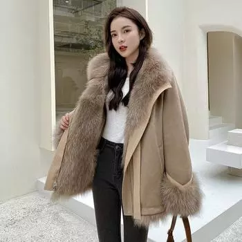 Замшевая сращивающаяся лисья меховая подкладка pie overcoat пальто женское среднее и длинное 2024 новый мех интегрированный женский S 80-52.5 kg