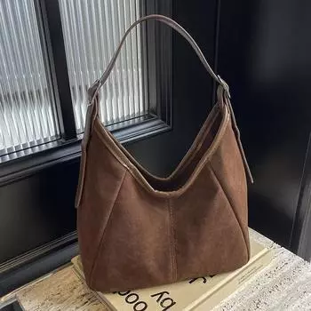 Замшевая сумка через плечо для женщин, винтажная, однотонная, простая, большая вместительная сумка, осень-зима, повседневная, для шопинга, сумки через плечо (20cm<Max Length<30cm)