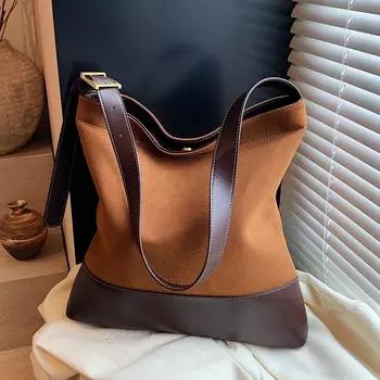 Замшевая сумка в стиле ретро, модная сумка-ведро для поездок на работу, высококачественная фактура, сумка-тоут через плечо коричневый