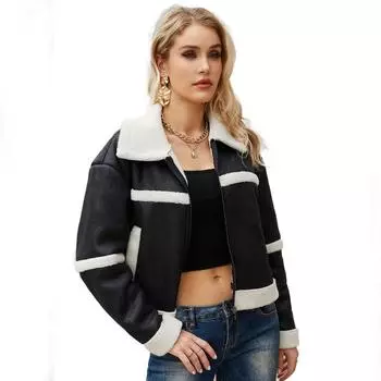 Замшевая женская модная и теплая плюшевая кожаная куртка, повседневная ветрозащитная куртка S ультрамарин синий