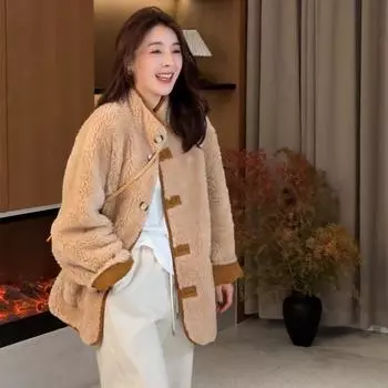 Замшевое пальто из овечьей шерсти для женщин, которое можно носить на обе стороны, зима 2024, новый свободный верх с утолщенным мехом S 90-53kg