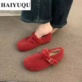 Замшевые балетки, меховые мокасины, женская обувь, зимняя брендовая обувь класса люкс Мэри Джейн, тренд, новые короткие плюшевые теплые повседневные туфли Mujer Zapatos 35