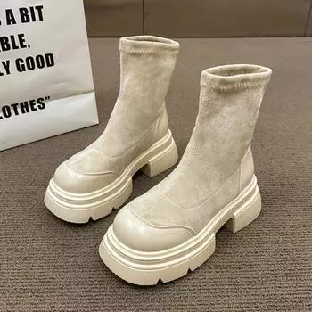 Замшевые балетки женские ботильоны на среднем каблуке модная обувь женский бренд 2025 трендовые туфли-лодочки готические повседневные прогулочные туфли челси снежные ботинки женские 35 бежевый
