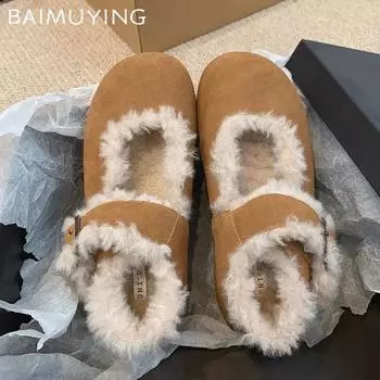 Замшевые балетки женские туфли Мэри Джейн с меховой пряжкой повседневные хлопковые туфли 2025 года тренд зимние короткие плюшевые теплые женские туфли Zapatillas 35 хаки