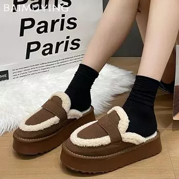 Замшевые балетки женские туфли-мюли меховые хлопковые тапочки на платформе дизайнерские короткие плюшевые зимние повседневные туфли 2024 года тренд теплые женские туфли Zapatos Femme 35 бежевый