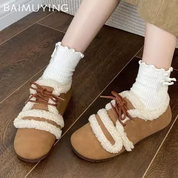 Замшевые балетки женские туфли на шнуровке зимние спортивные туфли короткие плюшевые теплые повседневные туфли 2024 года трендовые дизайнерские прогулочные туфли женские 35 коричневый