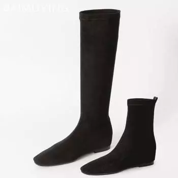 Замшевые балетки женские высокие сапоги дизайнерские туфли до колена в стиле ретро зимние новые брендовые 2025 трендовые готические классические мотоциклетные ботинки женские 35