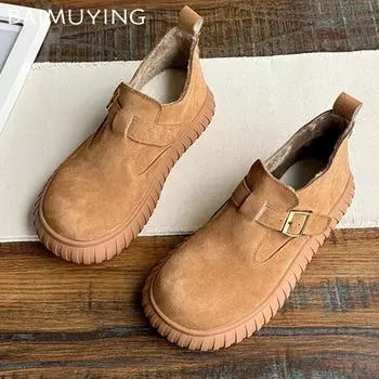 Замшевые балетки женские зимние ботильоны дизайнерская повседневная обувь с пряжкой 2025 трендовая обувь для ходьбы нескользящая удобная зимняя новая обувь женские 35 хаки